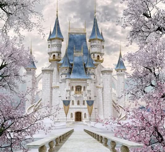 Cinderella Fantasi Peri Blue Castle Cherry Blossoms Tree Backdrop Komputer Cetak Anak Anak-anak Latar Belakang