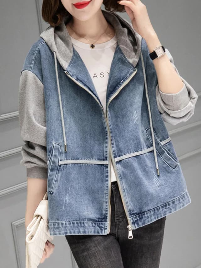 Jaket Denim Berkerudung Musim Semi Musim Gugur 2021 Mantel Jeans Kasual Tambal Sulam Gaya Korea Baru Mode Wanita Pakaian Luar Longgar Ukuran Besar