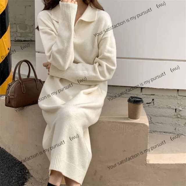 ZOCI-gaun rajutan sweater tebal longgar model kerah polo untuk wanita, cocok untuk musim gugur dan musim dingin, panjang selutut, gaya santai.