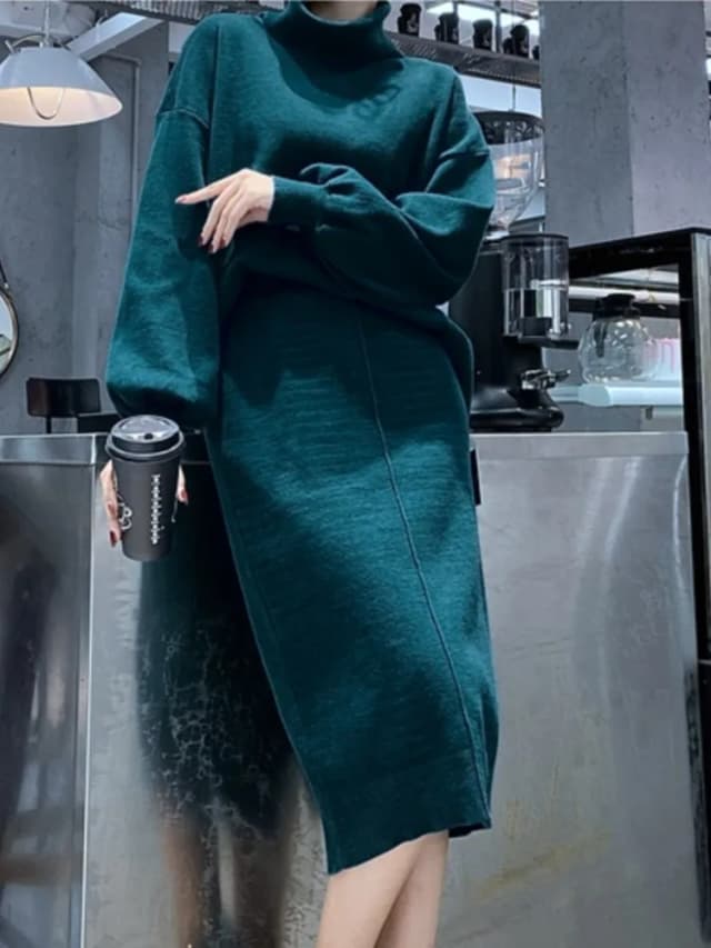 Satu set pakaian rajut wanita isi dua potong, setelan Sweater Turtleneck longgar kasual elegan dan rok sedang untuk wanita baru