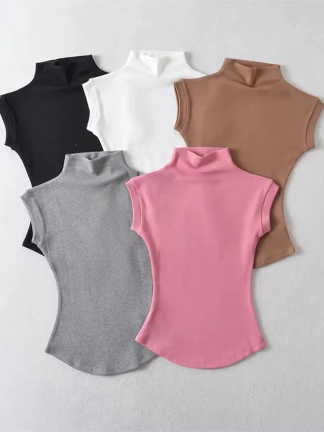 女性の夏のセクシーなタートルネックノースリーブ Tシャツトップス固体スリムフィットプルオーバー因果 Tシャツシャツ女性のストリートの基本 Tシャツ