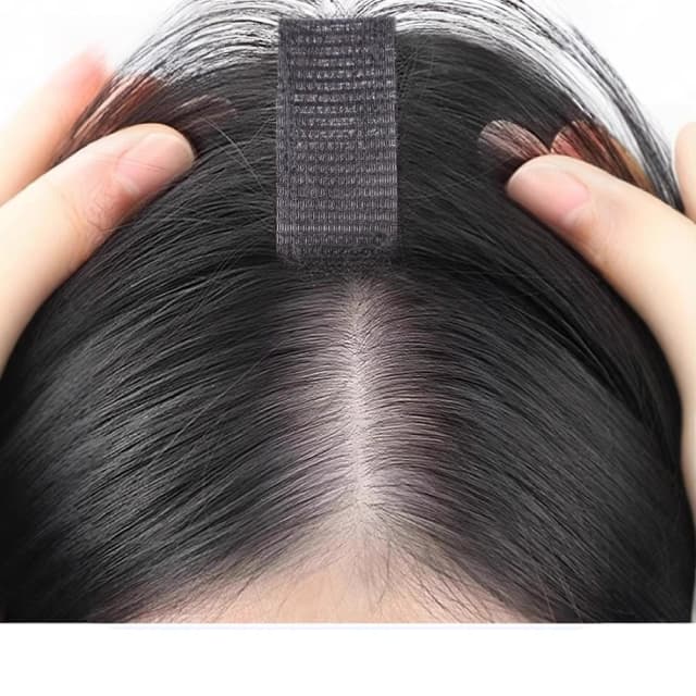クリップ不要の人毛ヘアピース、アップグレードされたマジックテープ式ヘアピース、女性用ふわふわヘアカバー、薄毛隠し、縫い目パッチ