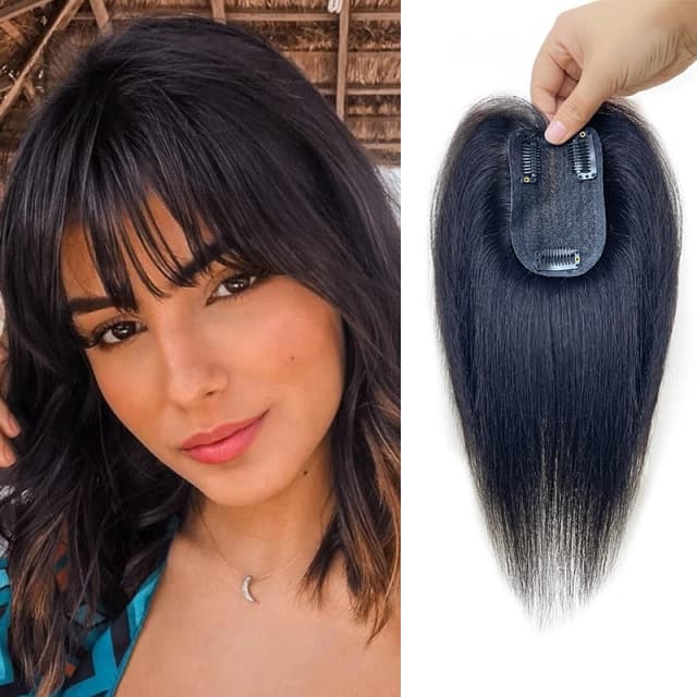 フレンチフリンジ付きストレートクリップヘアエクステンション,100% 人毛,7x10cm,ヘアピース,ボリュームを改善,25cm