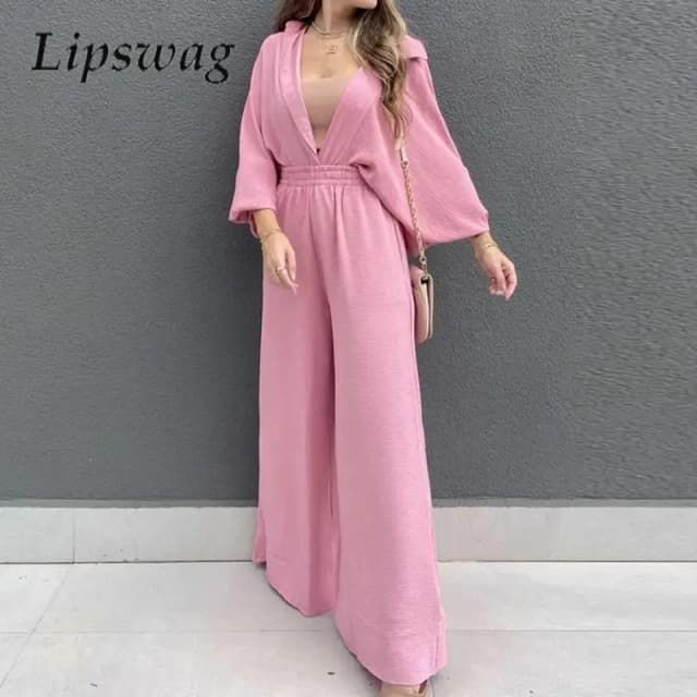 Setelan baju kantor wanita, atasan lengan gelembung warna polos dan celana kaki lebar kasual Single-Breasted dua potong